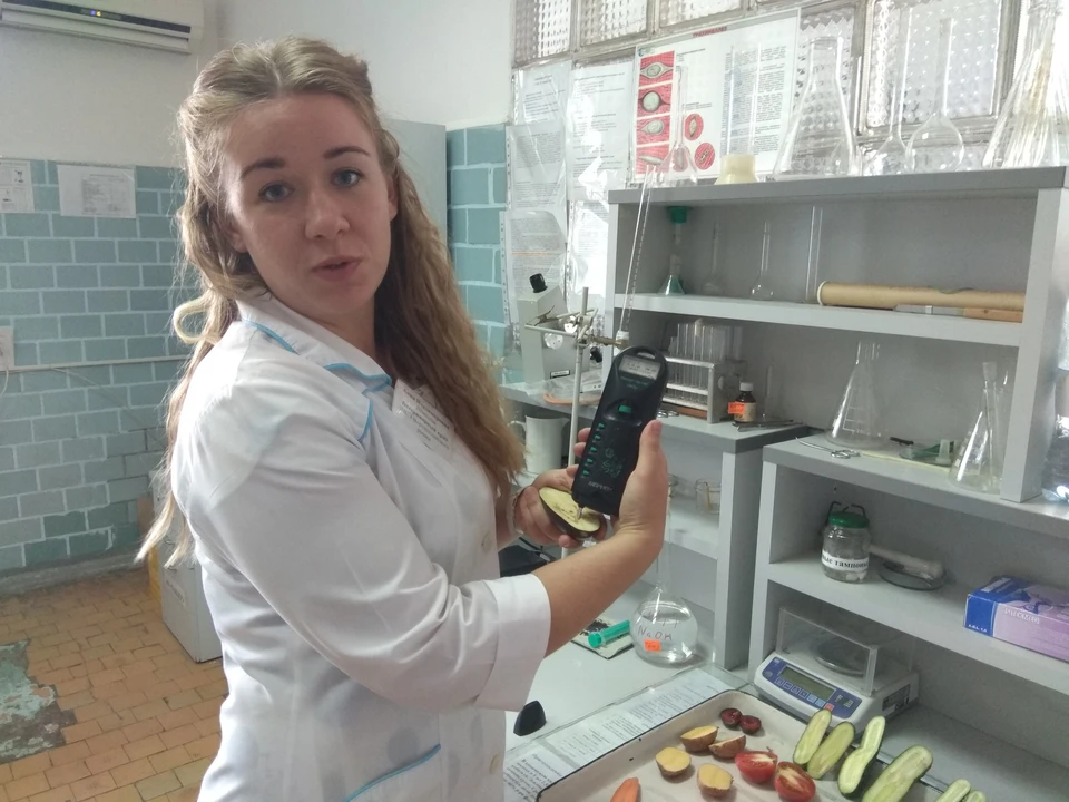 Хозяйка лаборатории Анна Шмелева проверяет овощи на содержание нитратов