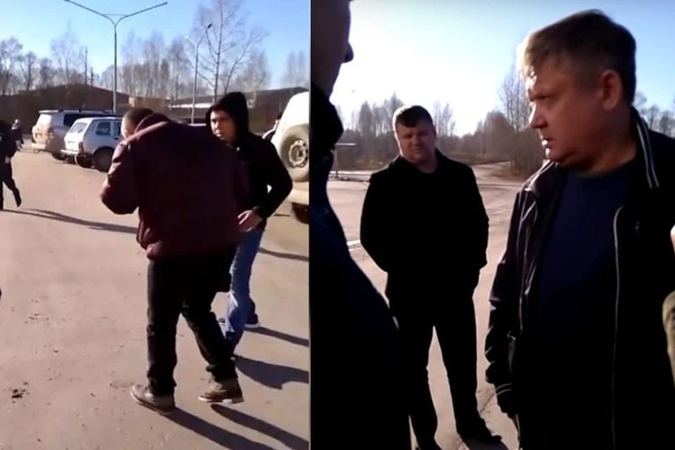 Стоп-кадр с видео: справа - депутат Олег Мирошников, слева - убегающий от него Михаил Кондрюков.