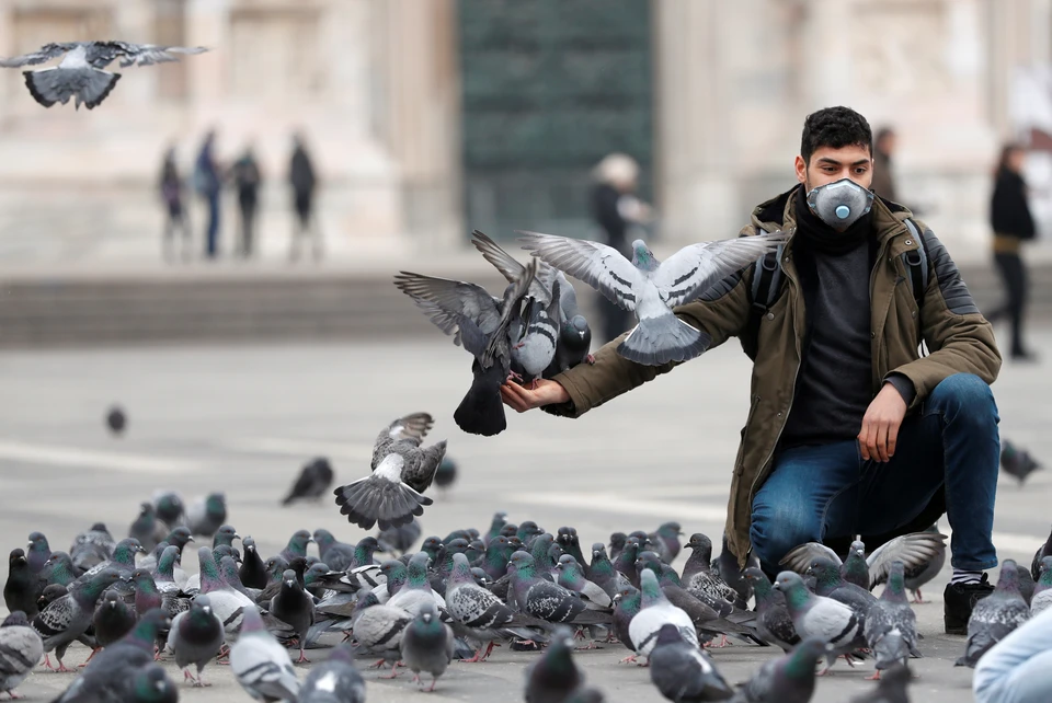 Мужчина кормит голубей на площади Миланa.