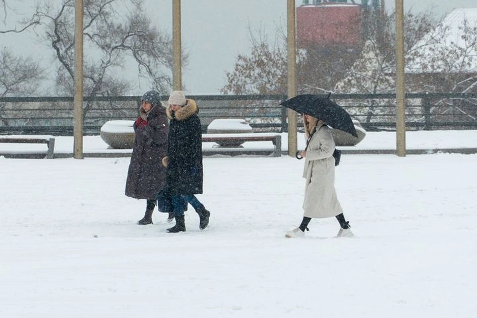 Горожане кутаются в пальто и прячутся от снега под зонтами. Фото: Александр Хитров