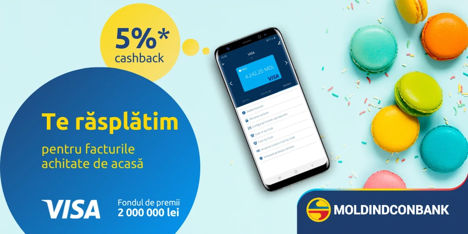 Moldindconbank и Visa вознаграждают 5% сashback за оплаченные счета!