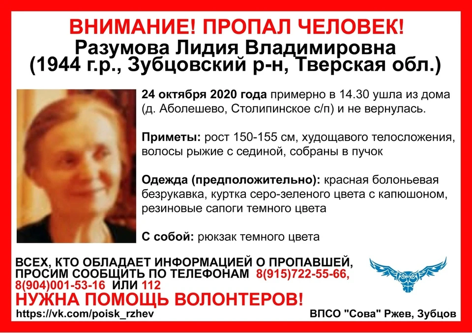 Женщину ищут с 24 октября Фото: ВПСО "Сова"