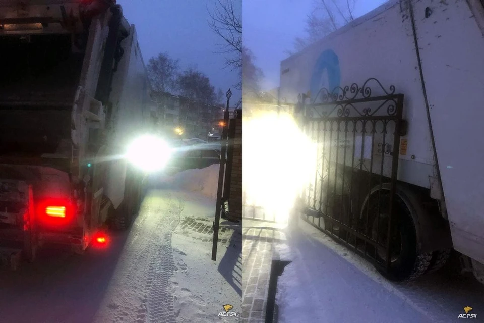 В Дзержинском районе города мусоровоз не смог проехать через металлические ворота. Фото: "АСТ-54"