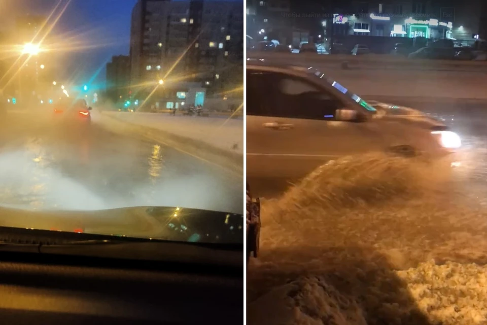 Улица Бутлерова превратилась в бассейн и каток одновременно. Фото: vk.com/spb_today
