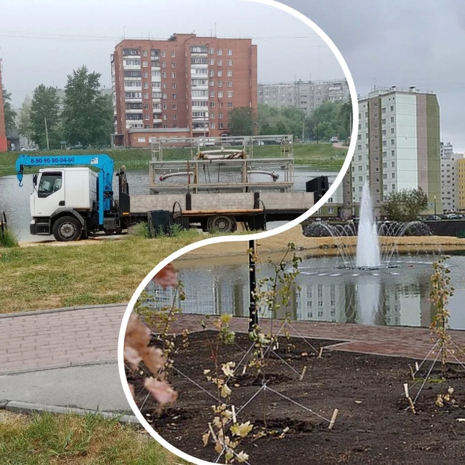 Конструкцию привезли на пруд за день до запланированного запуска фонтана. Фотоколлаж: с паблика ЛенСовет74. Новости Ленинского района г. Челябинска и пресс-служба губернатора.