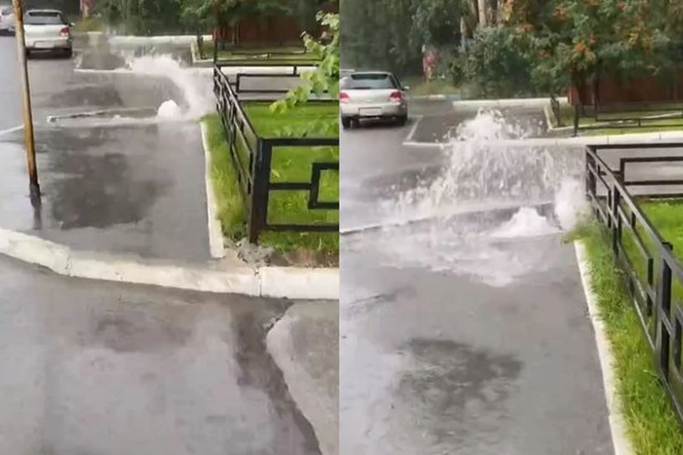 Фонтан забил прямо посреди тротуара. Фото: Кадр из видео