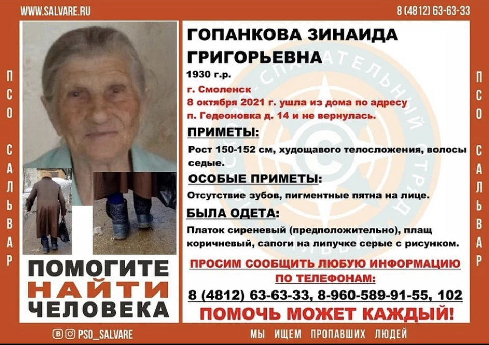 91-летняя пенсионерка пропала в Смоленске. Фото: ПСО «Сальвар».