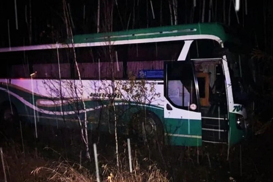 Бесконтрольный автобус угодил в кювет. Фото: УГИБДД России по Хабаровскому краю