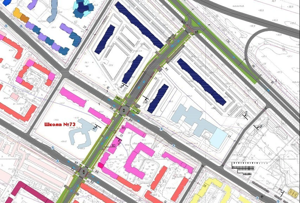 Фрагмент чертежа с обозначением школы №73 и проектируемой дороги.