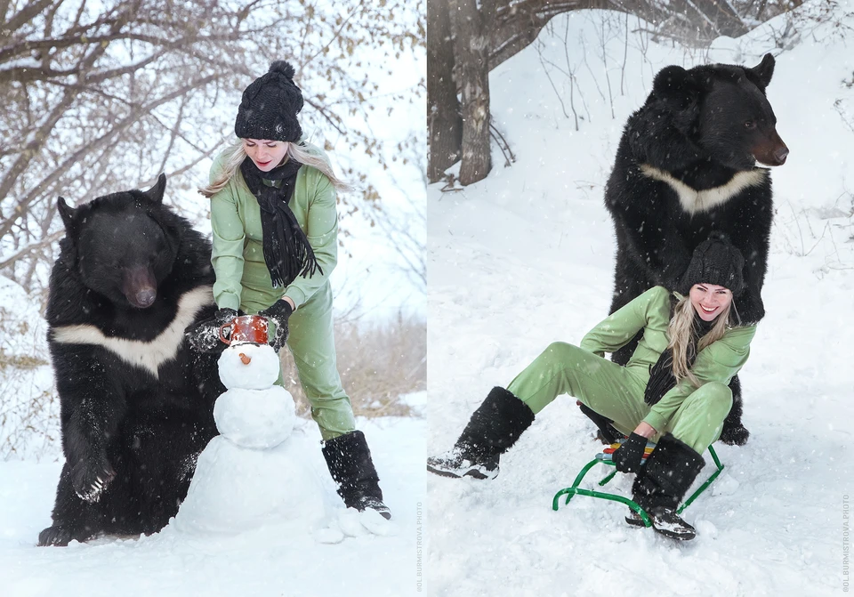 Фотограф Ольга Бурмистрова устроила атмосферную съемку с медведем и снеговиками. Фото: Ольга Бурмистрова
