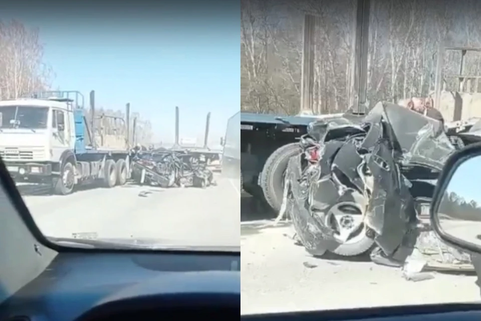 На Чуйском тракте под Новосибирском легковой автомобиль зажало между длинномером и грузовиком. Фото: стоп-кадр.