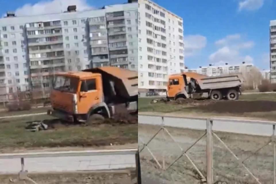 В Новосибирске КамАЗ застрял в текстурах газона на Родниках. Фото: стоп-кадры.