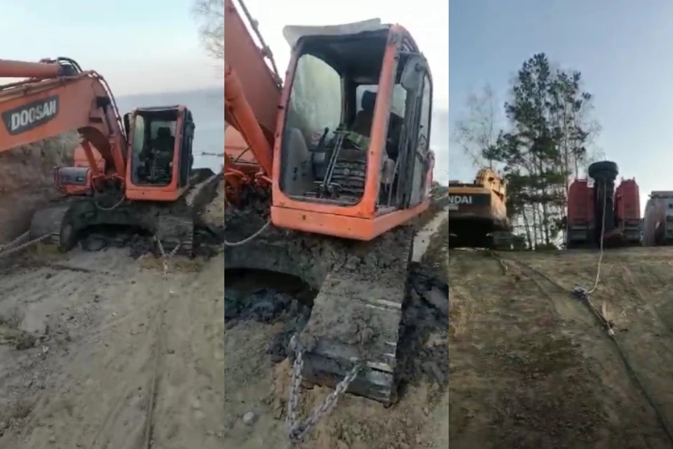 Новосибирские эвакуаторы вытащили из Оби экскаватор.