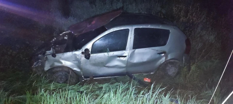 Около 00:10 40-летняя водитель автомобиля Renault Sandero не справилась с управлением и вылетела в кювет, в результате чего автомобиль опрокинулся. Фото: 1-й отдел УГИБДД по УР