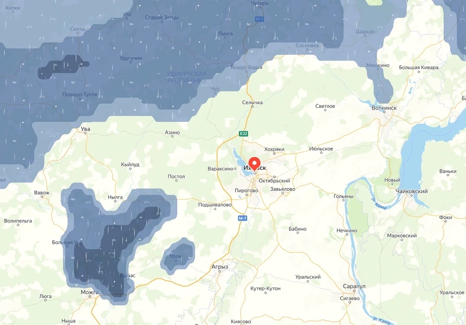 В течение часа в Удмуртии ожидается гроза с градом. Фото: Яндекс.Карты