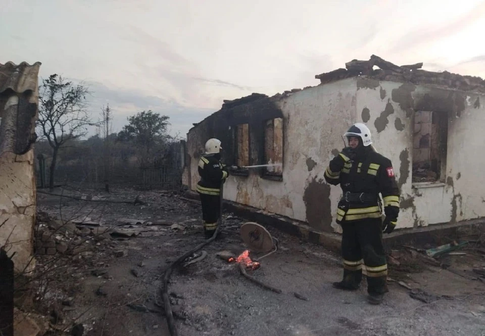 Во время ландшафтного пожара недалеко от поселка Жирнов пламя перекинулось на жилые дома. Фото: пресс-служба МЧС по Ростовской области.