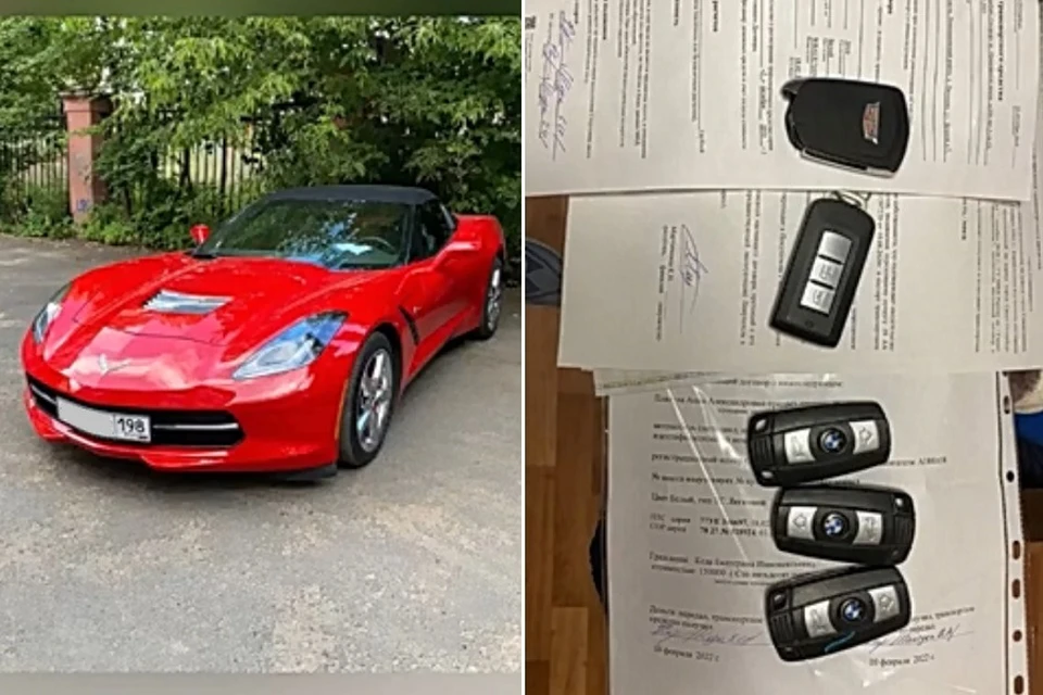 В отстойнике нашли с десяток номеров, кучу документов и несколько дорогих машин, в том числе красный Corvette. Фото: ГУ МВД по СПб и ЛО.