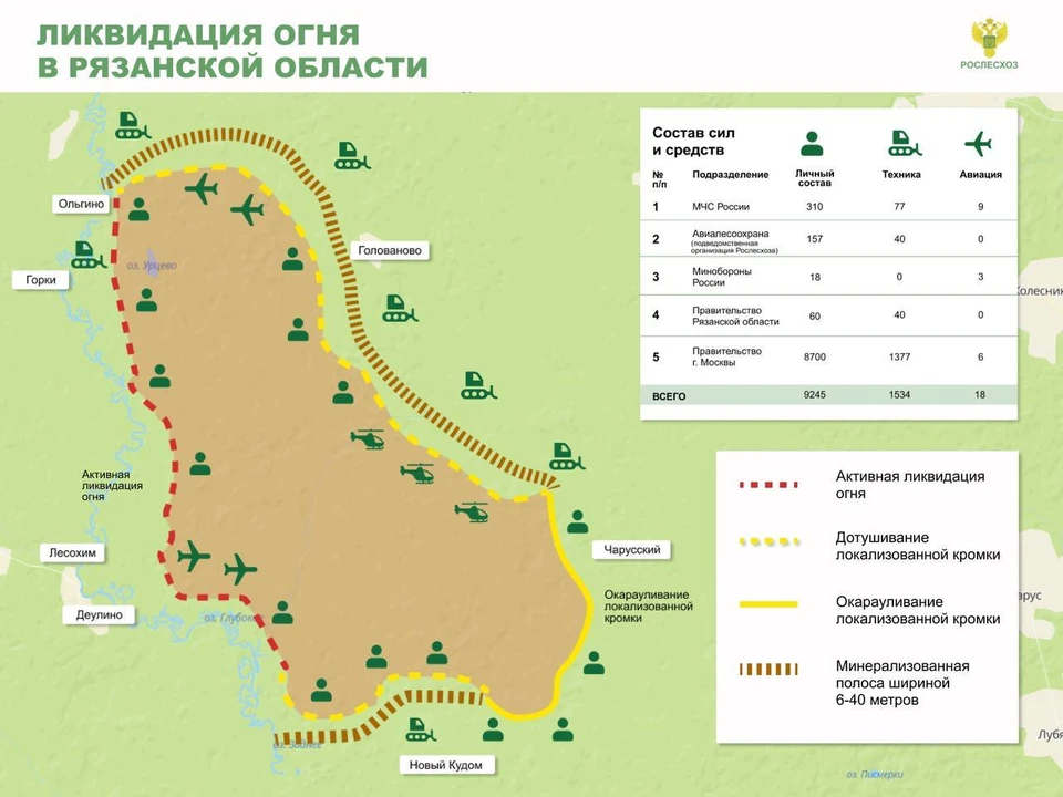 Схематическая карта лесных пожаров в Рязанской области. Фото: t.me/Rosleshoz_official.