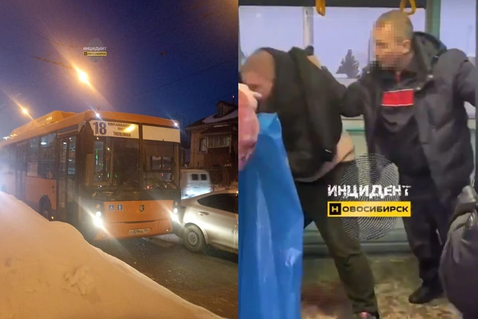 Водитель автобуса (справа) избил пассажира из-за замечания. Фото: стоп-кадр из видео / Инцидент Новосибирск