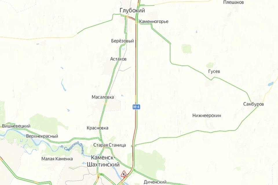 Пробка растянулась примерно от поселка Глубокого до моста через реку Северский Донец. Фото: сервис «Яндекс. Карты»
