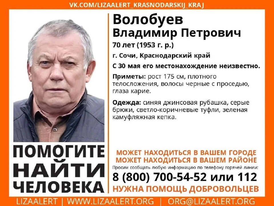 В Сочи пропал 70-летний мужчина. Фото: «ЛизаАлерт».