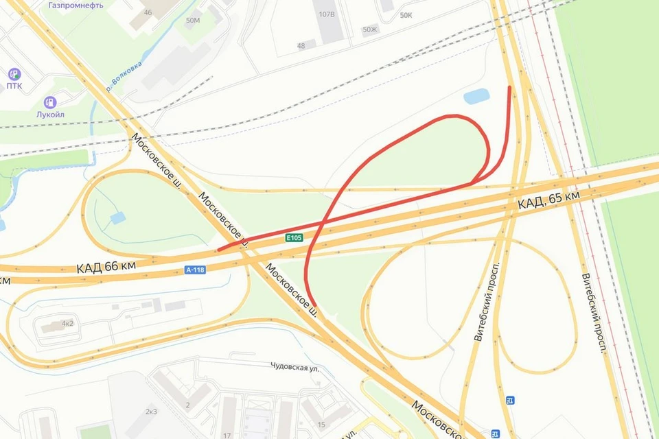 На развязке КАД с Московским шоссе на ночь перекроют два съезда. Фото: ФКУ Упрдор «Северо-Запад».