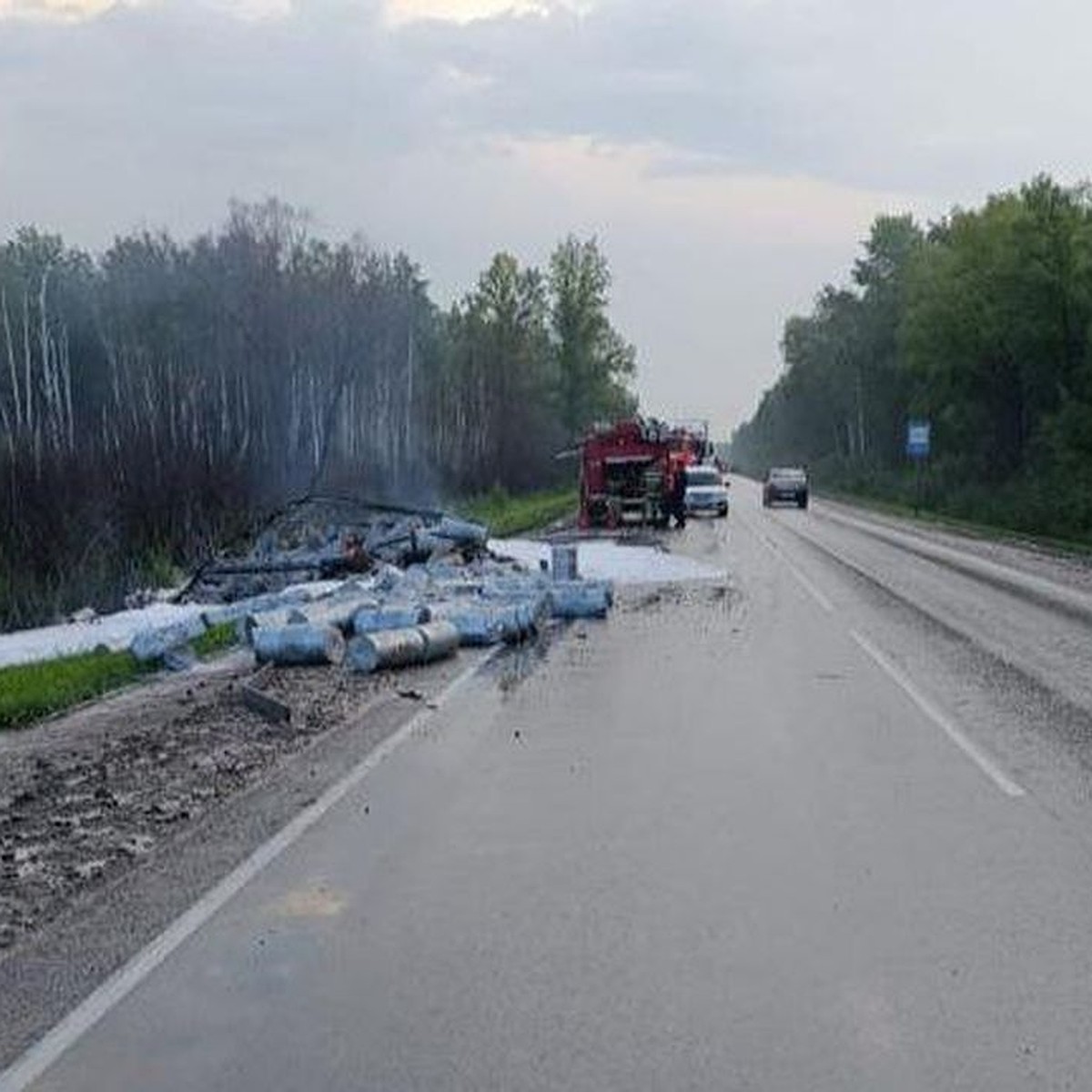 Под Новосибирском у попавшей в ДТП фуры опрокинулся и загорелся груз - KP.RU