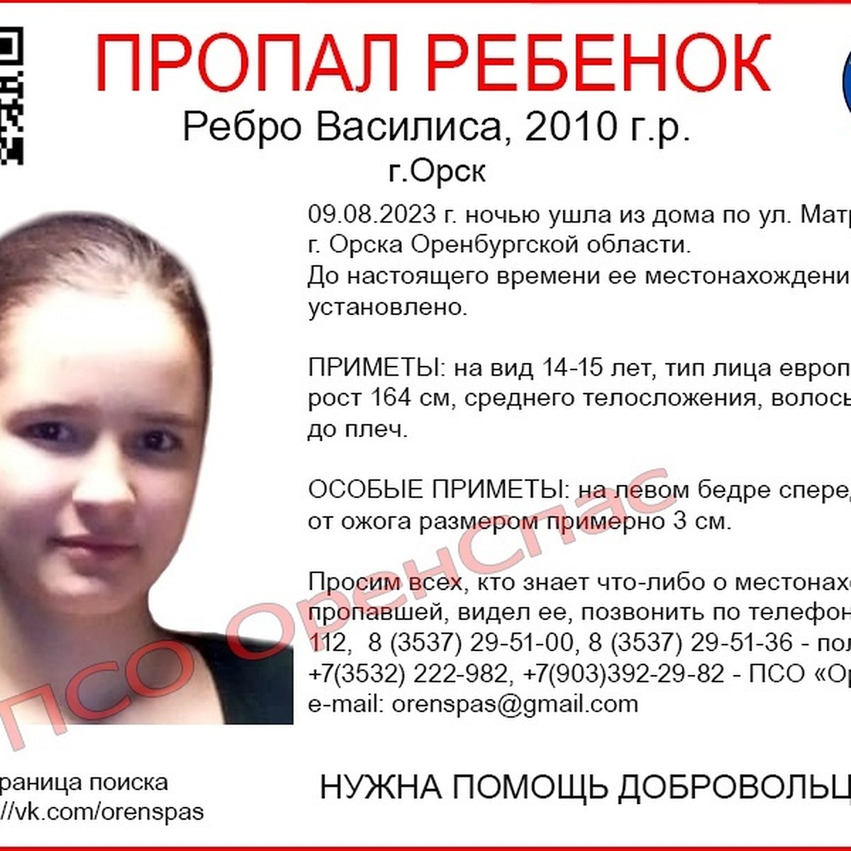 Пропавшую в Орске 13-летнюю Василису Ребро объявили в федеральный розыск -  KP.RU