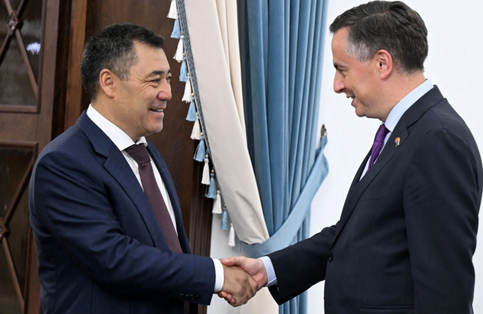 Садыр Жапаров (слева) встретился с председателем комитета Европейского парламента по иностранным делам Дэвидом Макаллистером (справа).