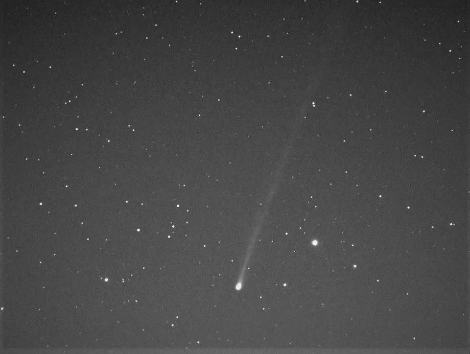 Комета «Нисимура» — не слишком яркая, но отличается длинным хвостом, который отчетливо видно на фотографиях.