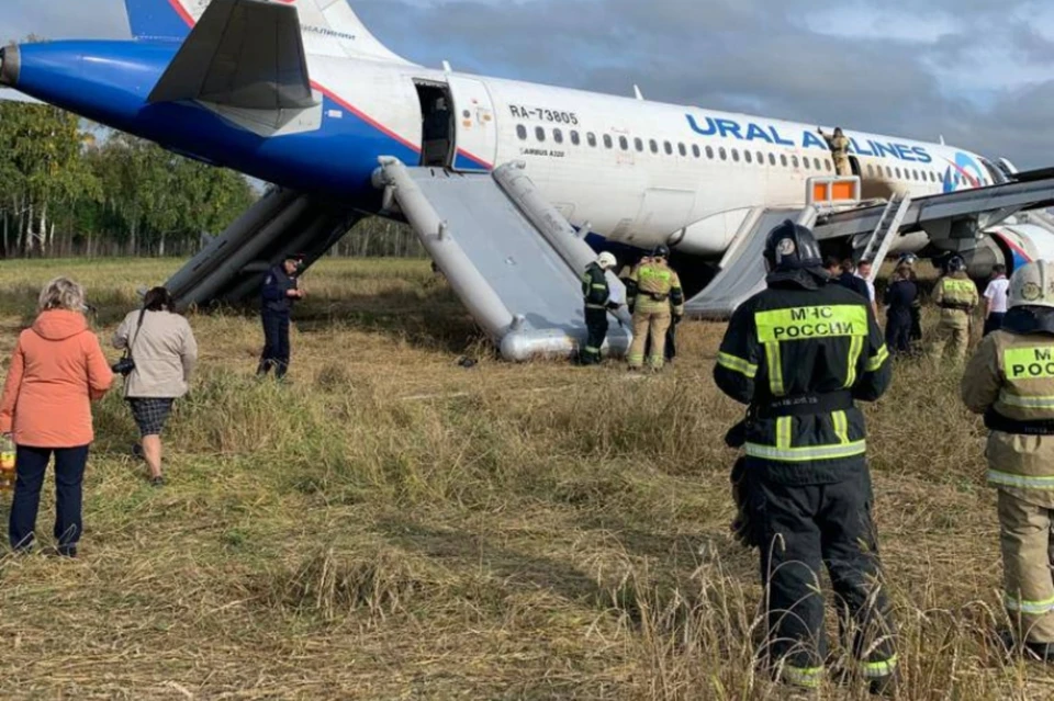 Рейс U6-1383 по маршруту Сочи-Омск совершил аварийную посадку на грунт в районе села Каменки под Новосибирском. Фото: МЧС России
