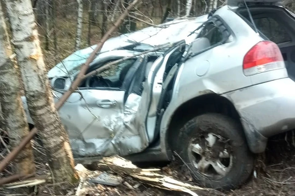 Водитель автомобиля Hyundai Santa Fe не справился с управлением и съехал с дороги. Фото: Спасатели МАСС