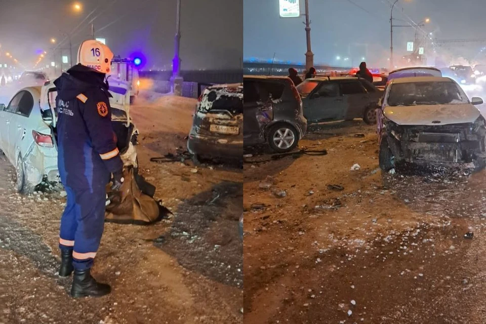 Рано утром 8 декабря на Октябрьском мосту в Новосибирске произошло массовое ДТП. Фото: спасатели МАСС