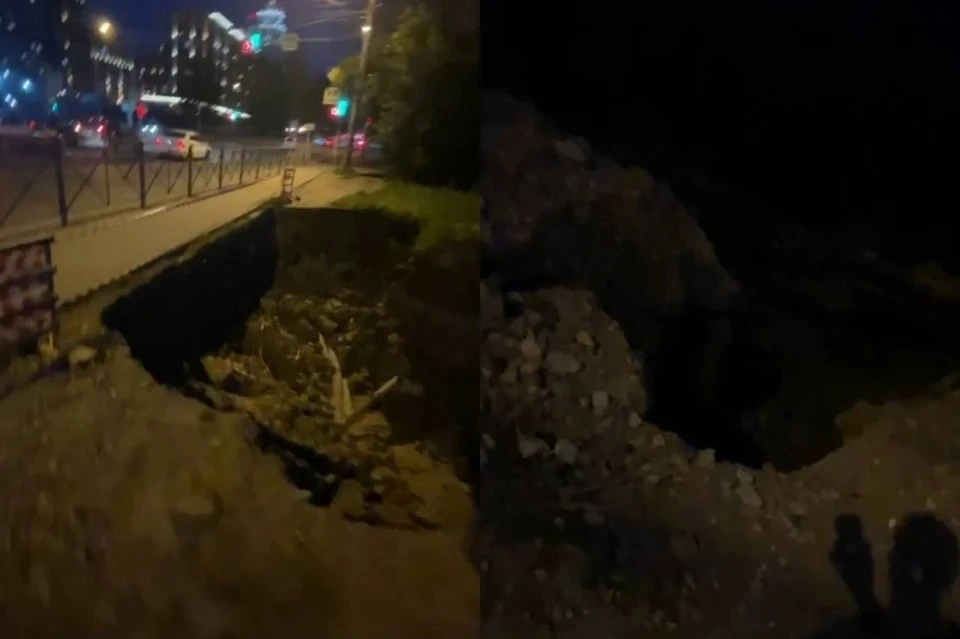 Дорога в Заельцовском районе Новосибирска обрушилась из-за осадков. Фото: скриншот из видео Юрия Турцева.