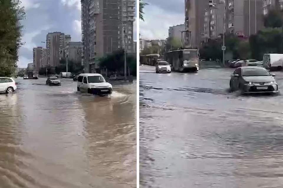 Водой затопило проезжую часть Фото: 4 Канал, t.me/ekb4tv