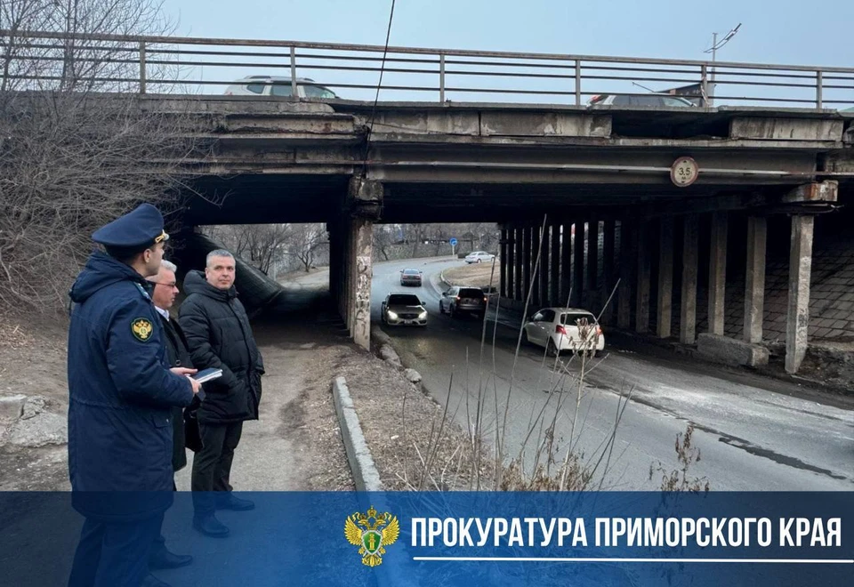 Разрушилась пешеходная часть моста, в результате чего обрушился подпорный элемент. Фото: прокуратура Приморского края