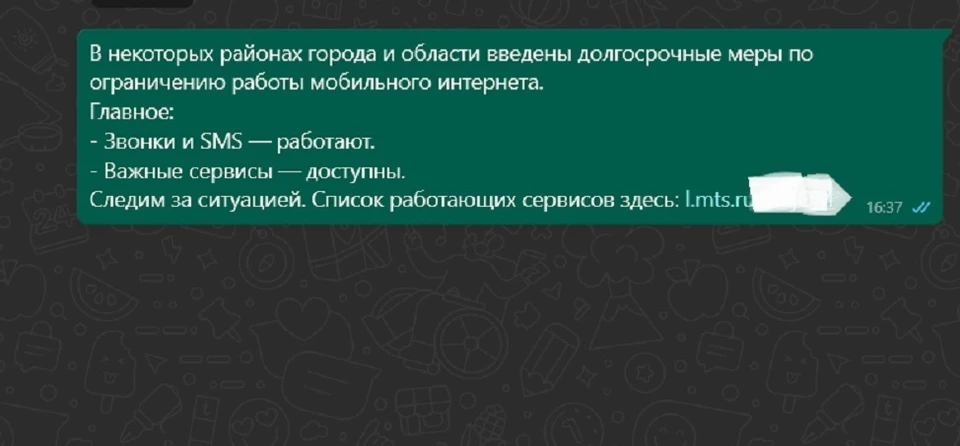 Фото: скриншот с СМС-сообщения компании МТС