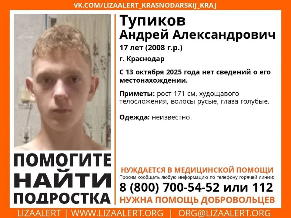 В Краснодаре 11 дней ищут пропавшего 17-летнего подростка Фото: поисковый отряд «ЛизаАлерт» Краснодарского края