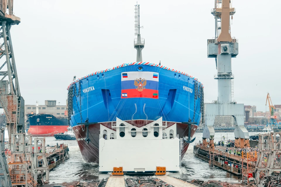 Атомный ледокол «Чукотка» станет четвертым судном серии 22220. В его спуске на воду по видеоконференцсвязи участвовал Президент России Владимир Путин. Фото: пресс-служба администрации Санкт-Петербурга.