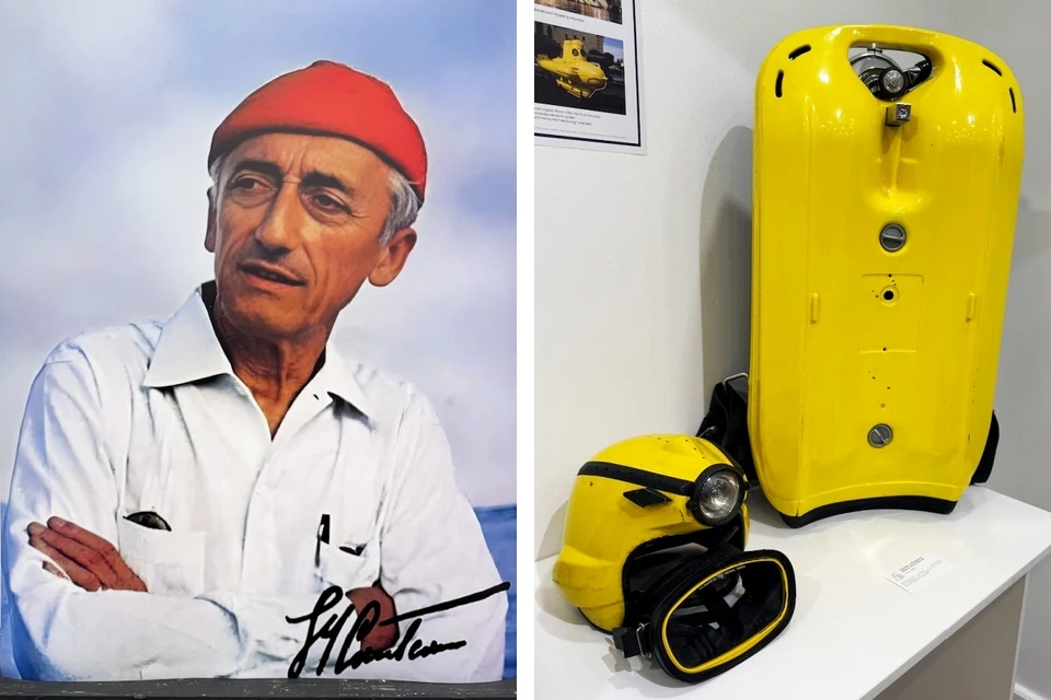Портрет с автографом Командора (слева) и оборудование, которое вы могли видеть в сериале "Подводная одиссея команды Кусто" (справа)