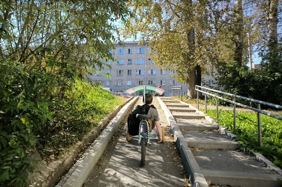 В объектив попал юный веломобилист на слегка припорошенной желтыми листьями дорожке