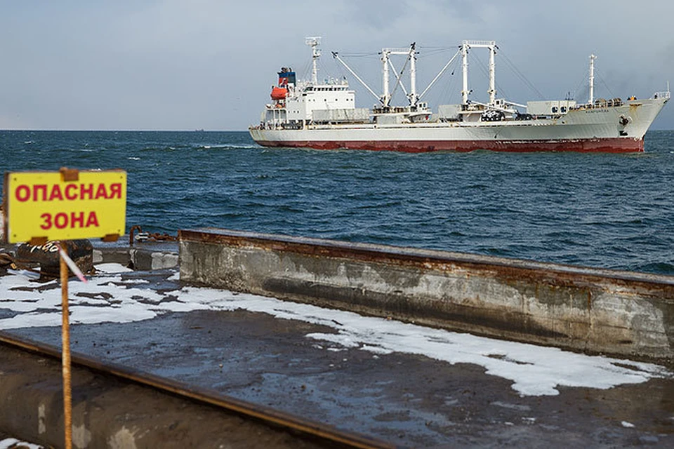 Судно "Андромеда", доставившее выживших моряков и тела погибших членов экипажа с затонувшего траулера "Дальний Восток", в порту Корсакова.