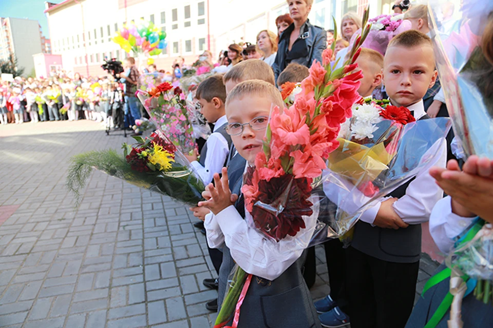 И вот они шагают – школьники! И девочки, и мальчики, торжественные и нарядные. У каждого букет цветов в руках: розы, астры, гладиолусы!