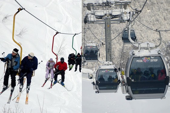 Сейчас в горах Красной Поляны современная канатка с закрытыми кабинами, а еще каких-то несколько лет назад туристы добирались в горы на скрипучих деревянных креслах