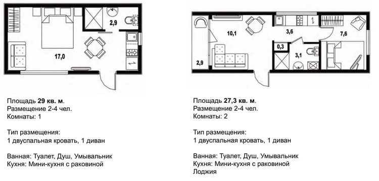 Планировка гостиничного номера с санузлом и кухней